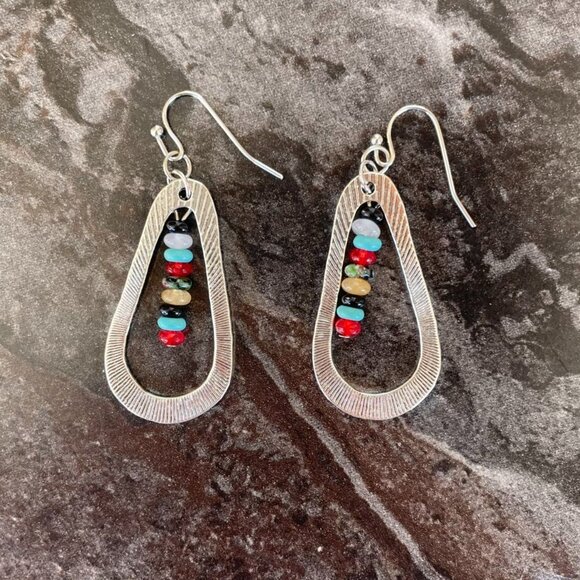 Silvertone Hammered Teardrop Earrings With Multicolor Synthetic Gem Beads 2" L - Picture 4 of 5